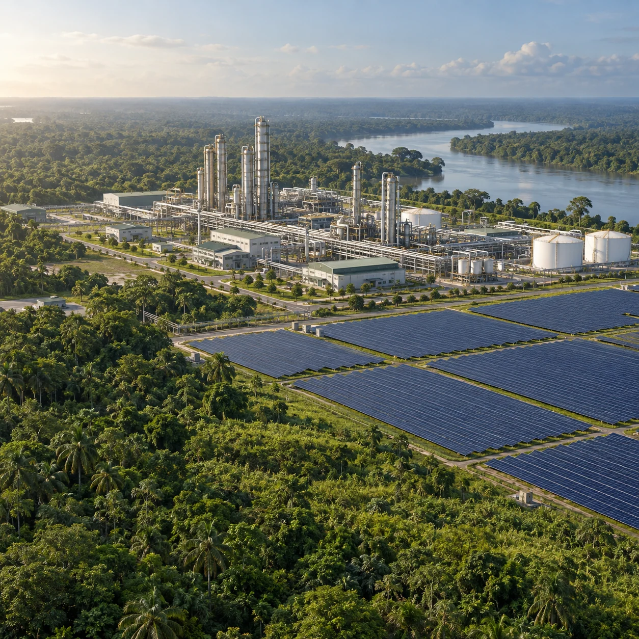 Aerial view of the proposed Project Green campus, solar arrays and surrounding landscape